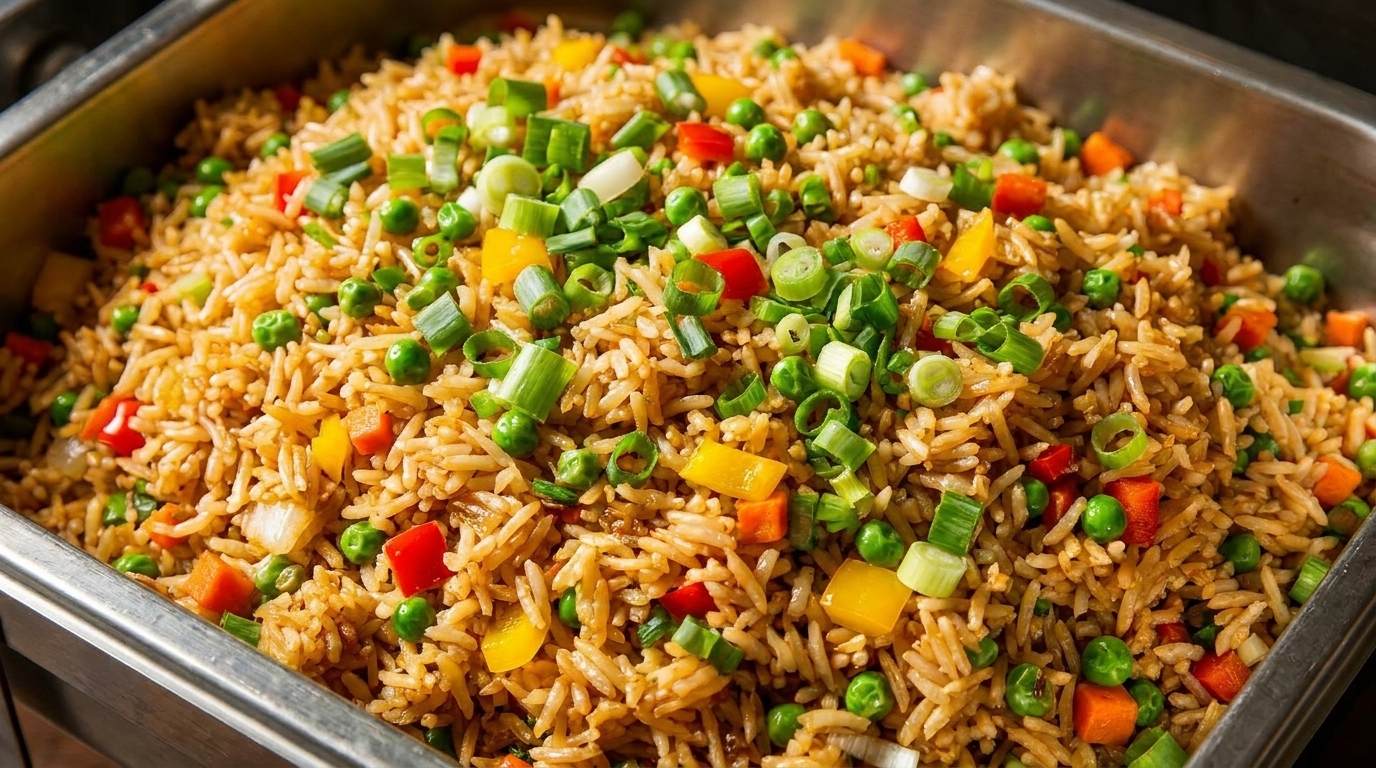 Close-up of fried rice with peas, carrots, red and yellow bell peppers, and green onions in a metal pan.