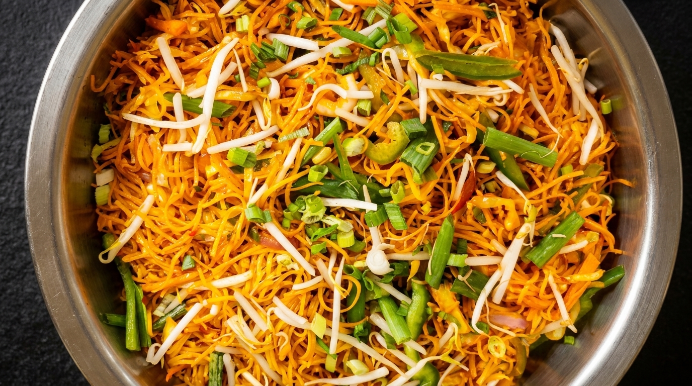 Close-up of a metal bowl filled with orange noodles, green onions, and white bean sprouts.