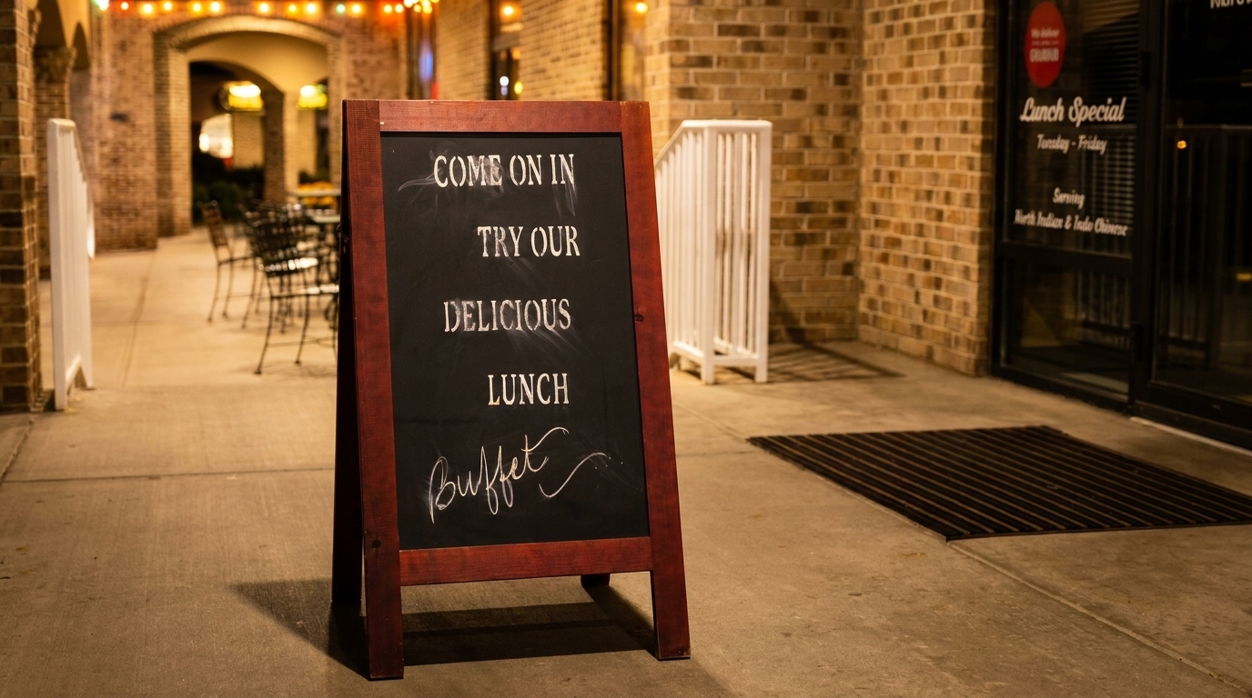 A chalkboard sign advertises a delicious lunch buffet outside a restaurant with outdoor seating.