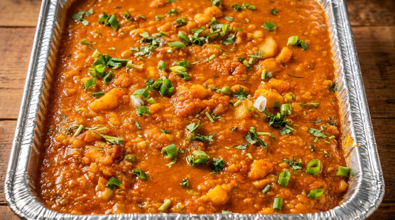 Close-up of a foil pan filled with a vibrant orange curry, garnished with fresh green herbs.