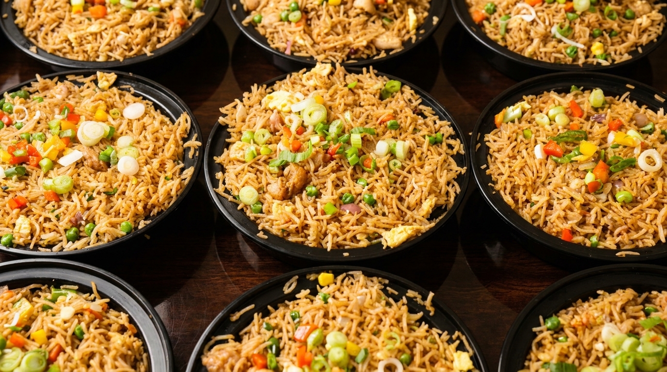 Multiple black bowls filled with fried rice, colorful vegetables, and green onions on a dark table.
