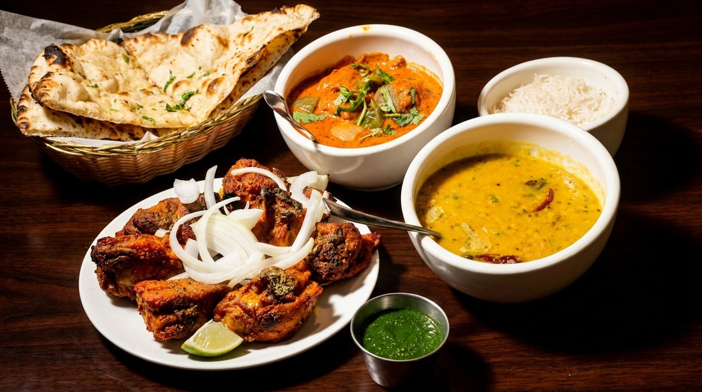 A spread of Indian dishes, including naan, chicken tikka, curries, rice, and green chutney.