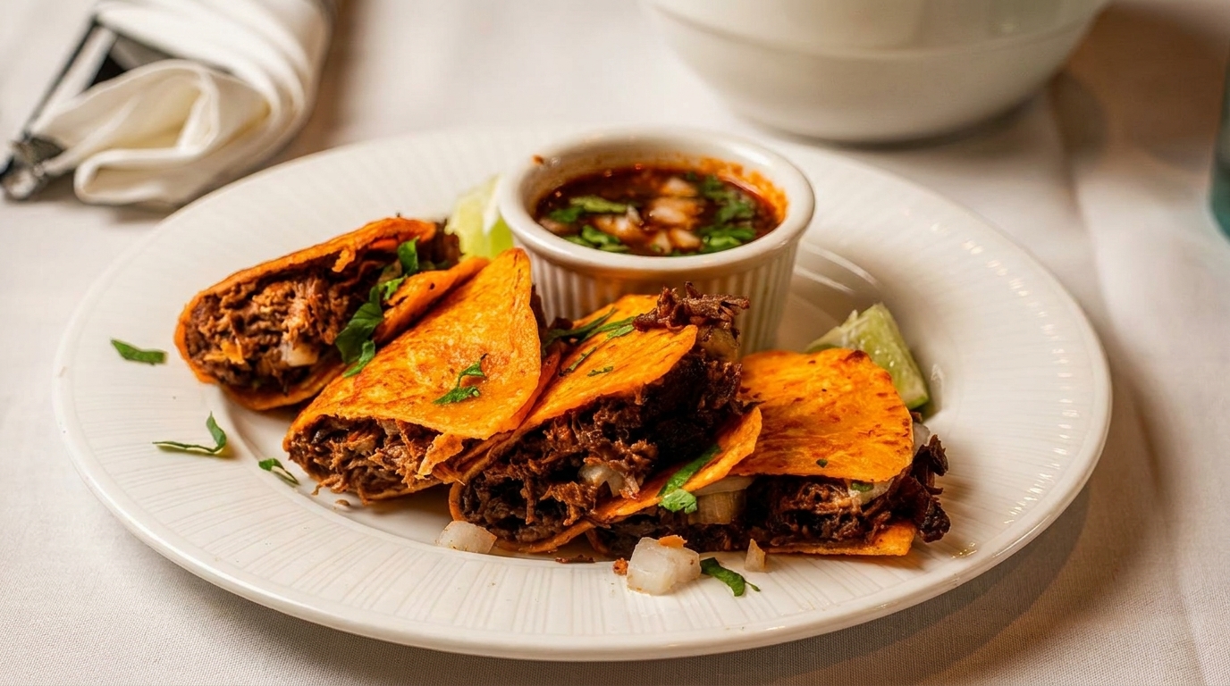 Four birria tacos with shredded beef, cilantro, and onions, served with a side of consommé.