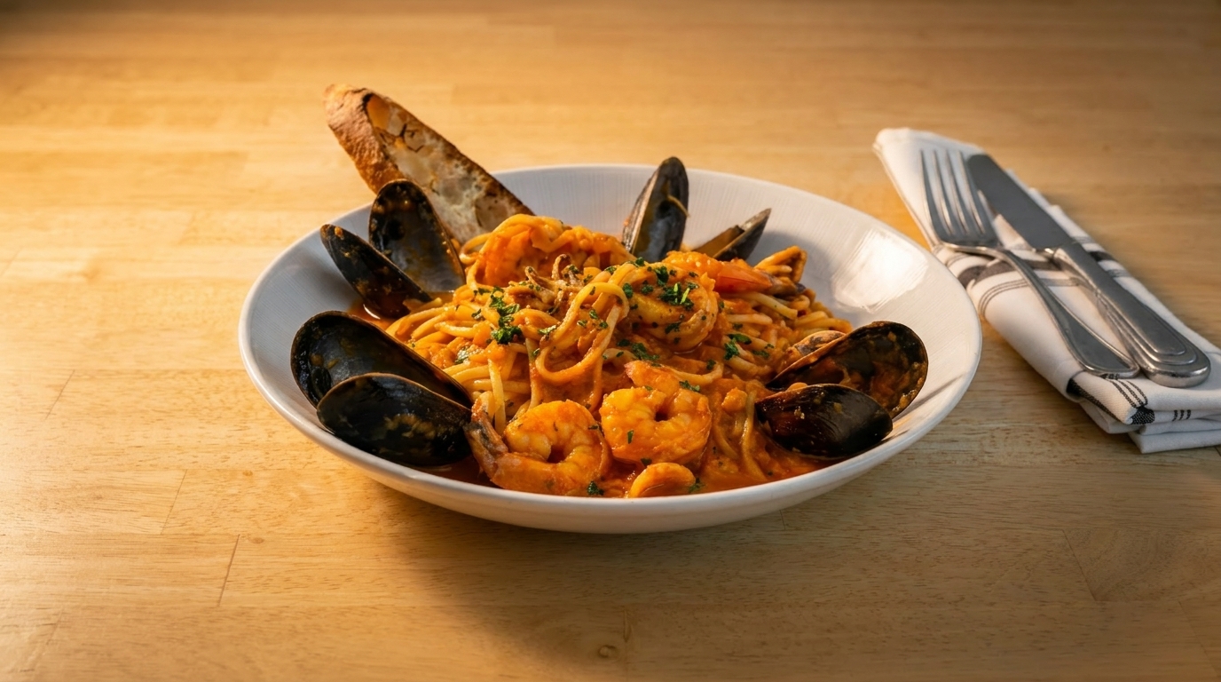 Seafood linguine with mussels, shrimp, and bread in a white bowl on a wooden table.