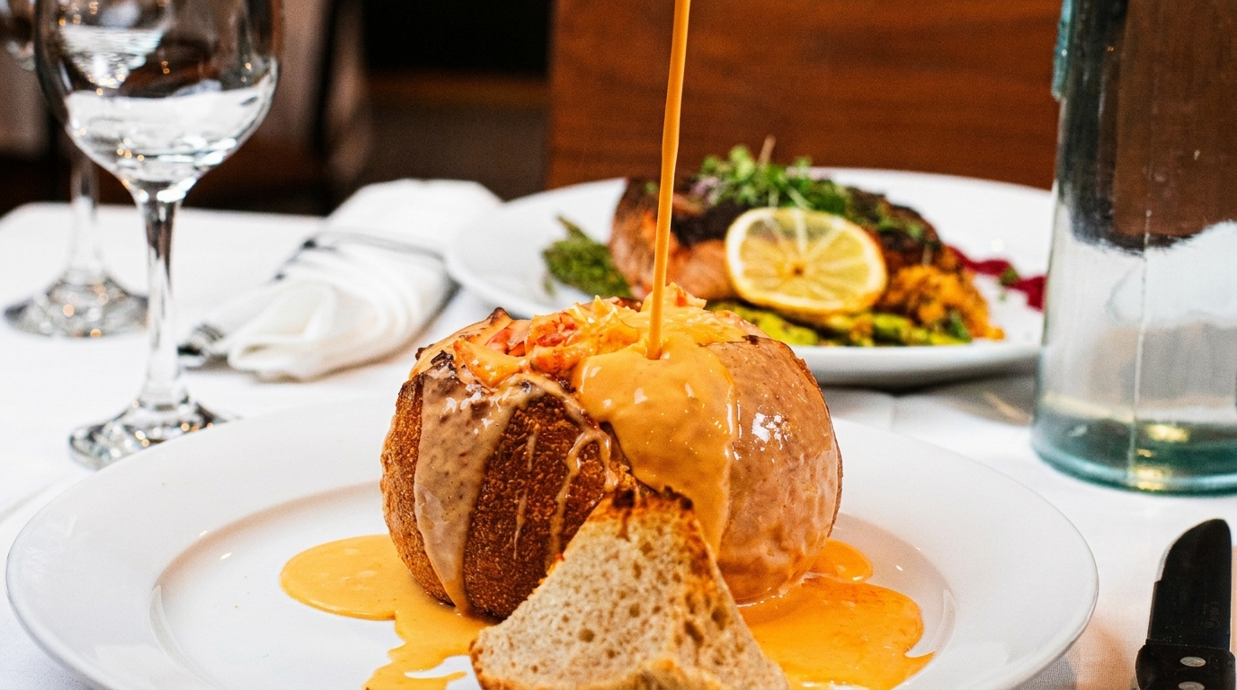 Lobster bisque being poured into a bread bowl, with a salmon dish in the background.