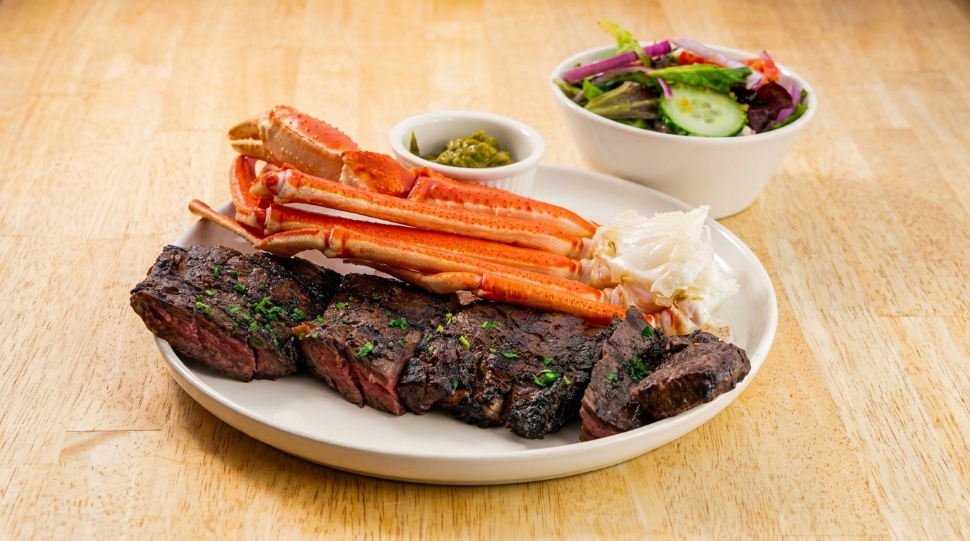 Grilled steak, crab legs, and a side salad on a white plate, with a small dish of green sauce.
