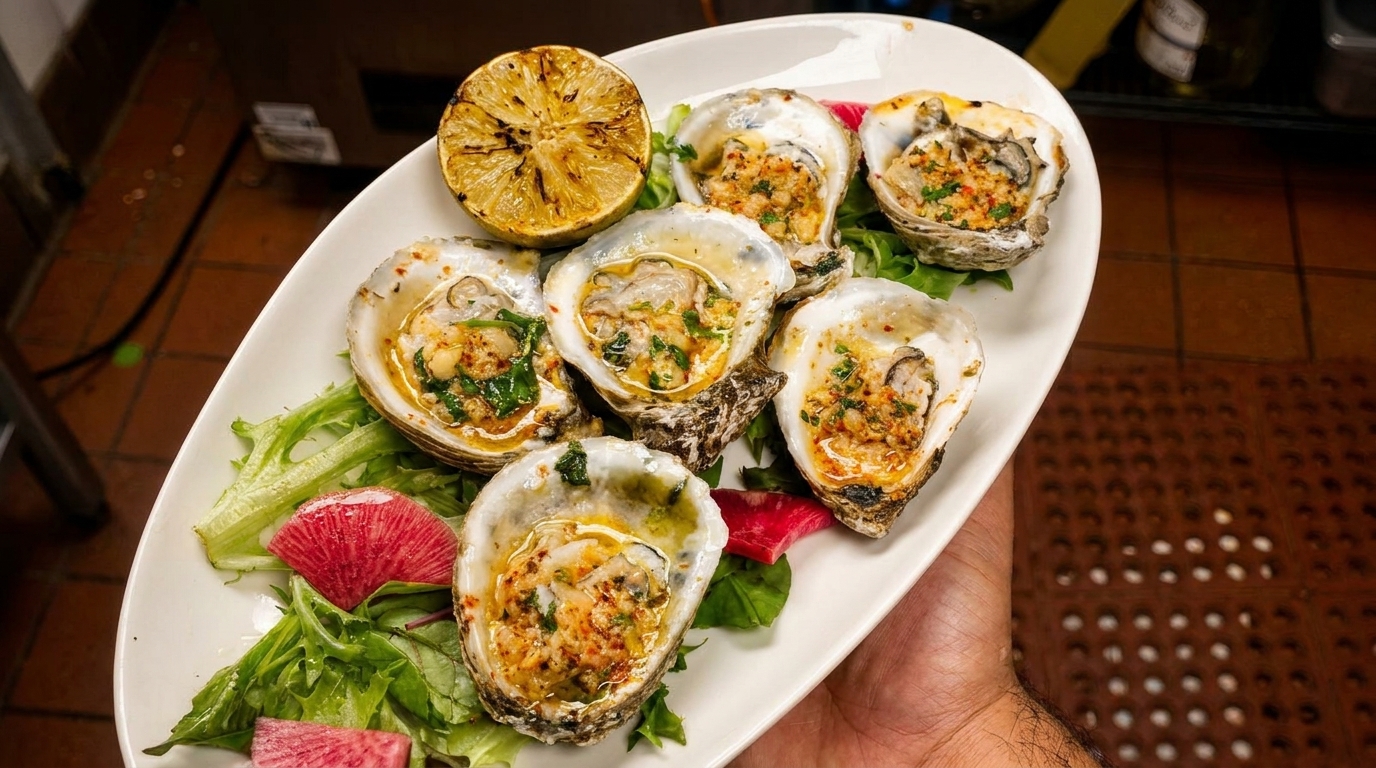 A plate of six baked oysters with herbs and spices, garnished with grilled lemon and greens.