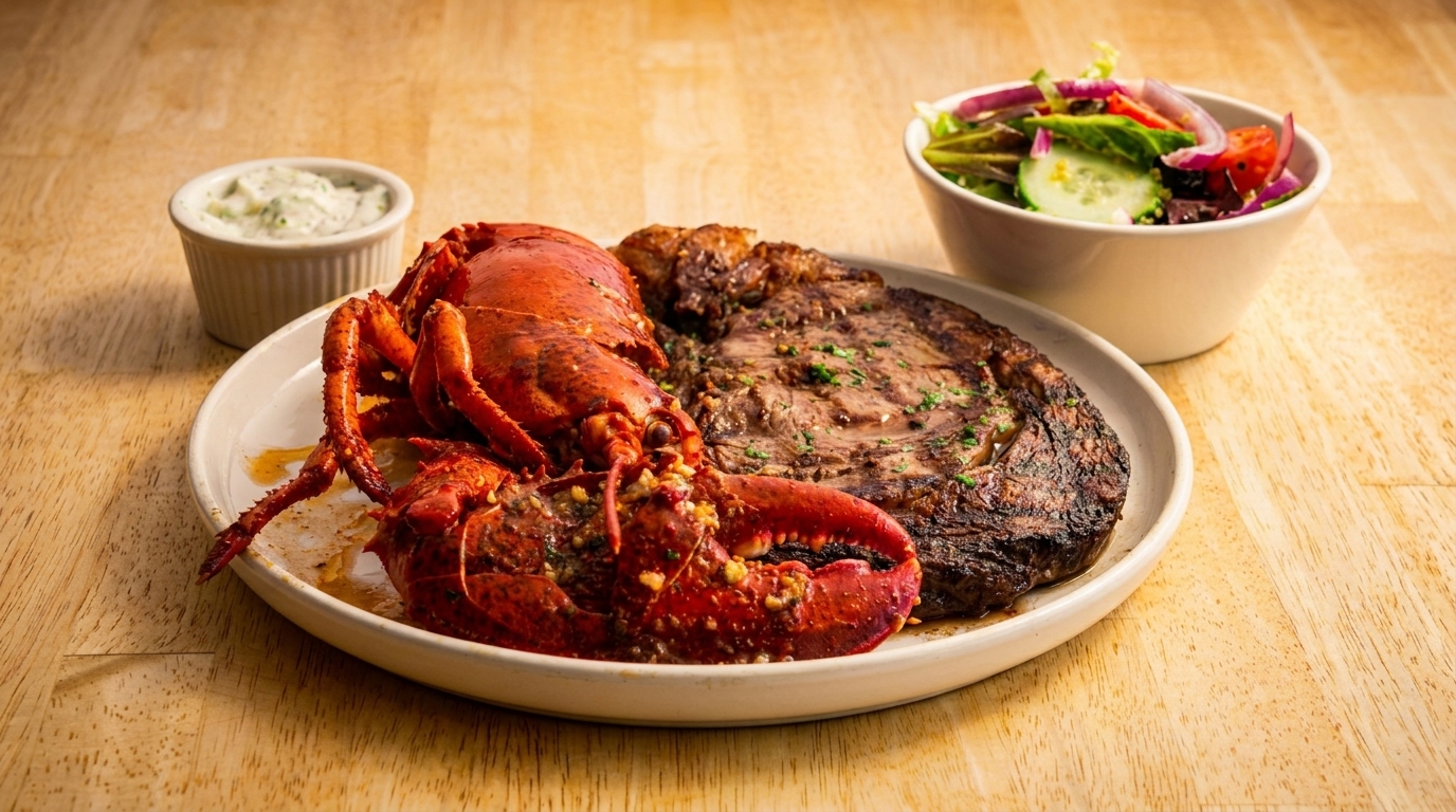 Grilled lobster and steak with a side salad and dipping sauce on a wooden table.