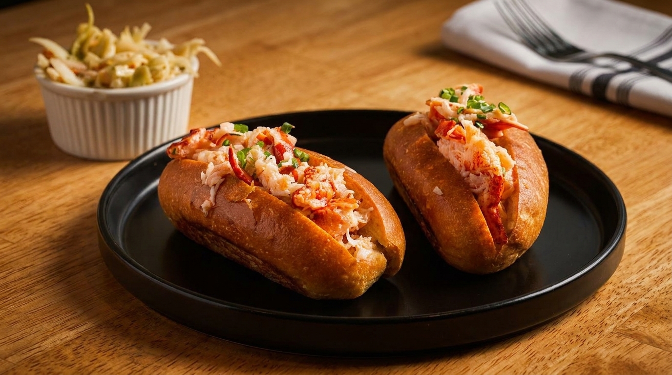 Two lobster rolls on a black plate with a side of coleslaw and a napkin with cutlery.