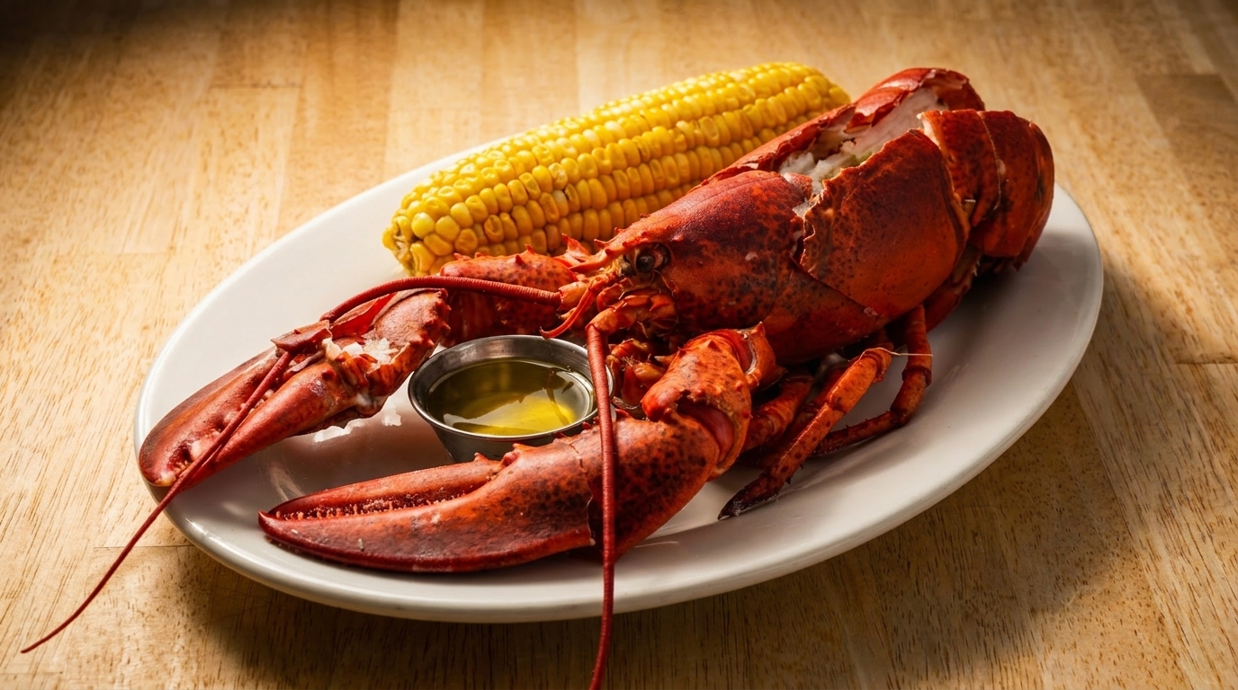 Whole cooked lobster with melted butter and corn on the cob on a white plate.