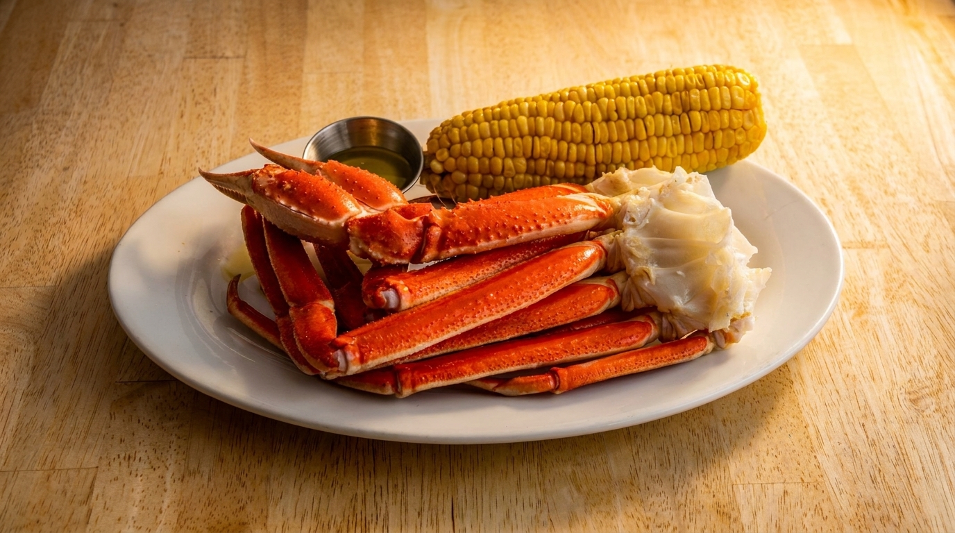 A plate of bright red crab legs, a side of corn on the cob, and a small cup of butter.