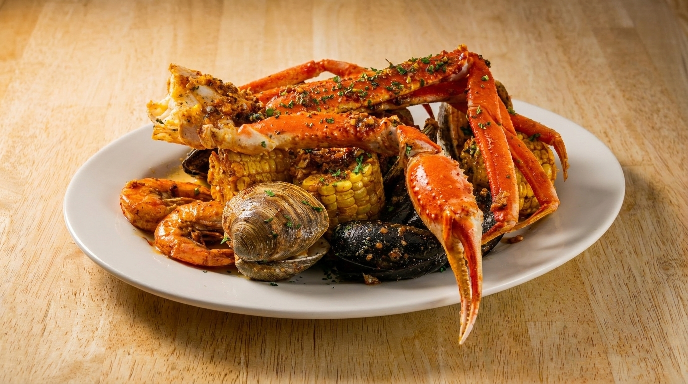 A seafood boil with crab legs, shrimp, clams, mussels, and corn on a white plate.
