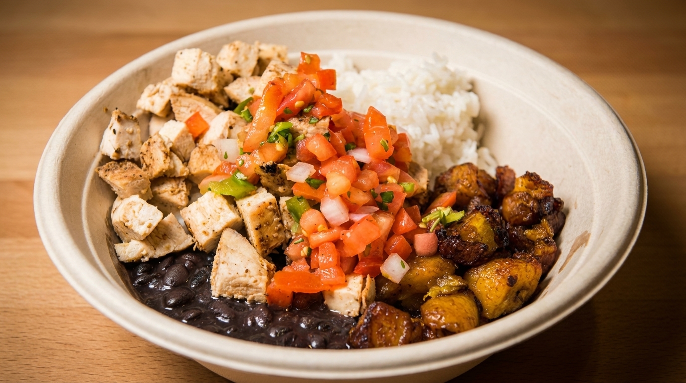 A bowl of grilled chicken, black beans, rice, fried plantains, and fresh tomato salsa.