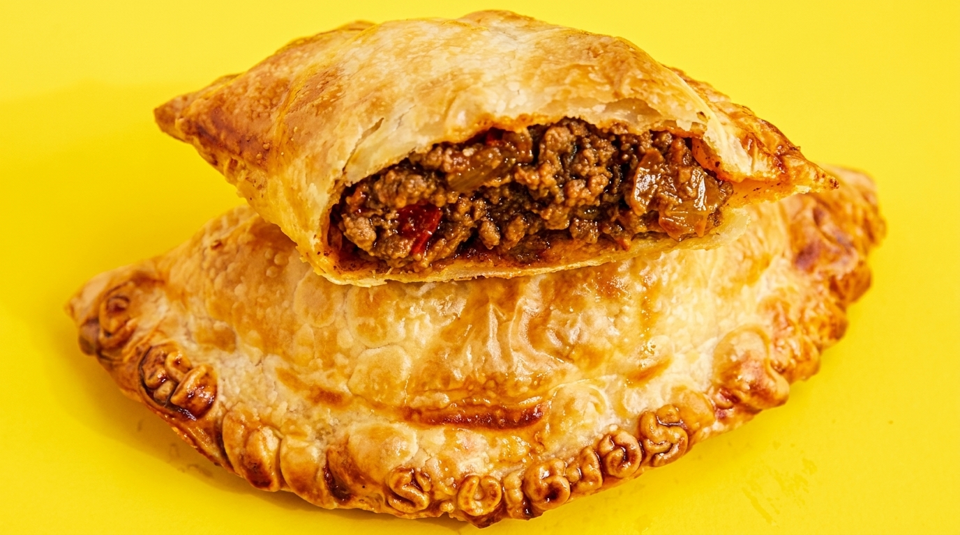 Two golden-brown empanadas on a yellow background, one cut open revealing a savory meat filling.