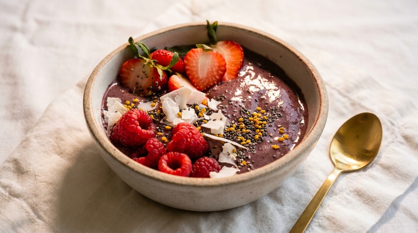 A vibrant smoothie bowl topped with fresh strawberries, raspberries, coconut flakes, and seeds.