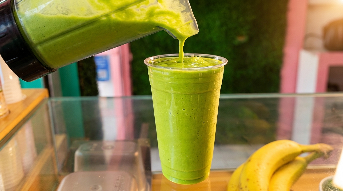 Green smoothie pouring from a blender into a clear plastic cup on a counter with bananas.