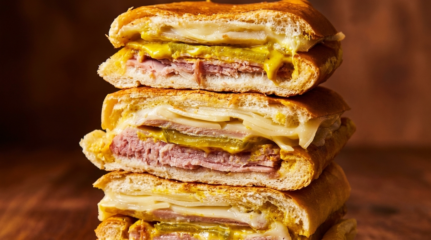 Three stacked Cuban sandwiches, cut in half, revealing ham, cheese, pickles, and mustard.