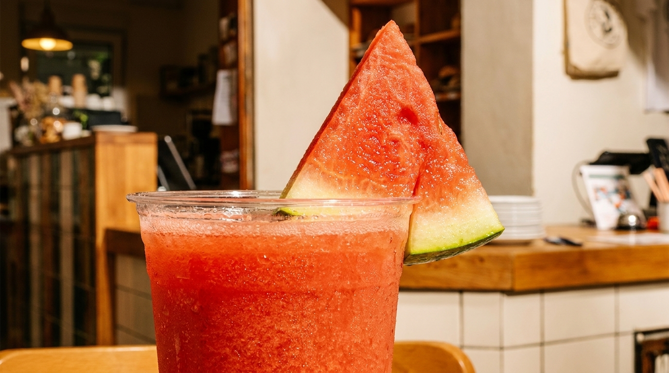 A refreshing watermelon smoothie in a clear cup, garnished with a fresh watermelon slice, in a restaurant setting.