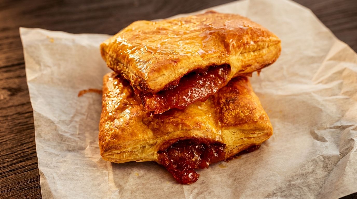 Two golden-brown guava pastries with sweet red filling oozing out, on crumpled parchment paper.