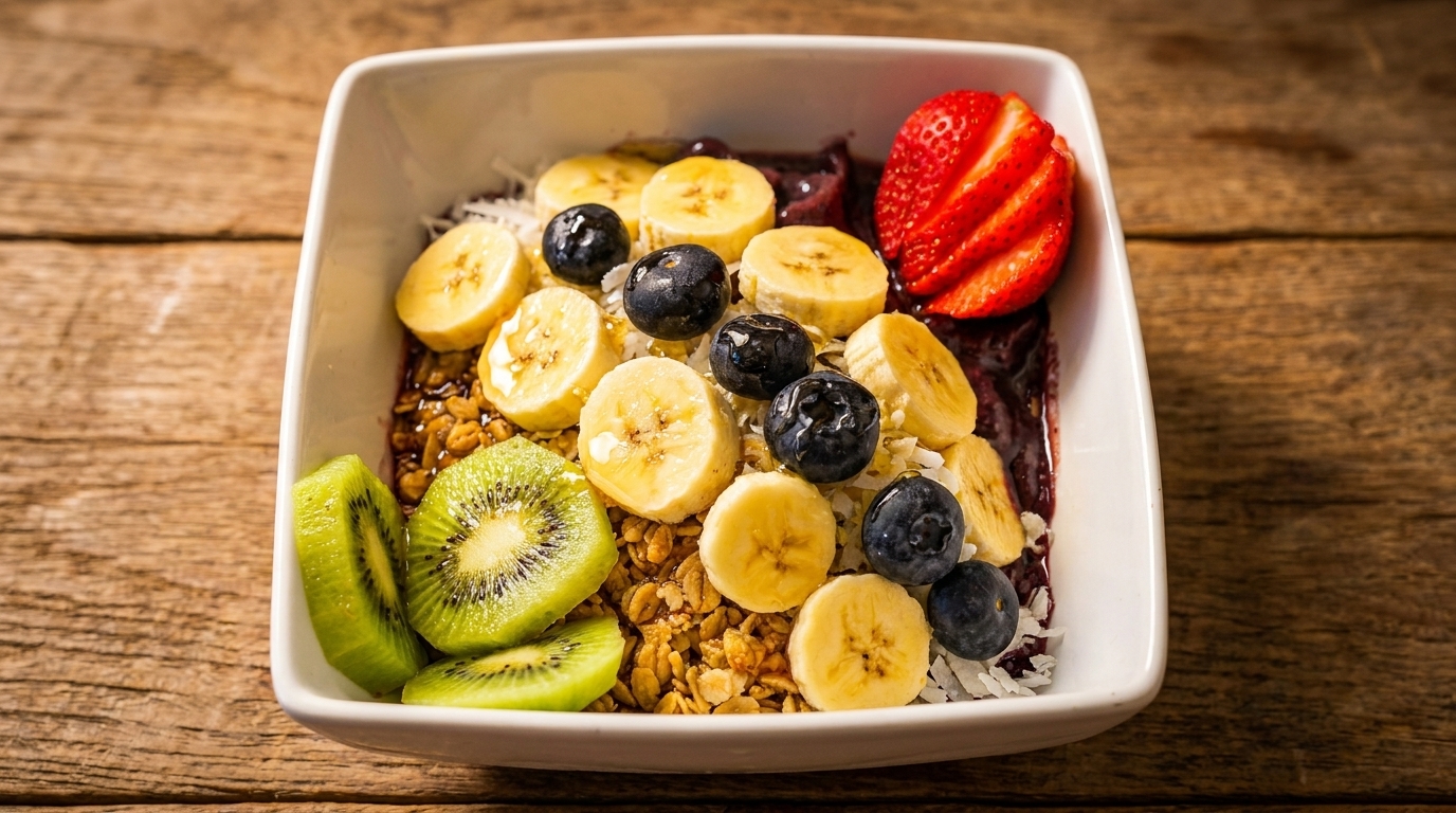 A square white bowl of acai, granola, kiwi, bananas, blueberries, and sliced strawberries.