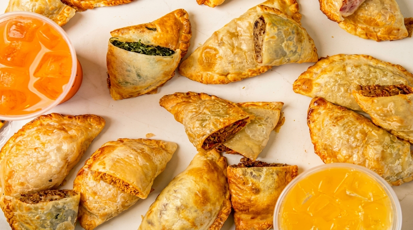 A top-down view of various golden-brown empanadas, some cut open to reveal savory fillings, and two orange drinks.