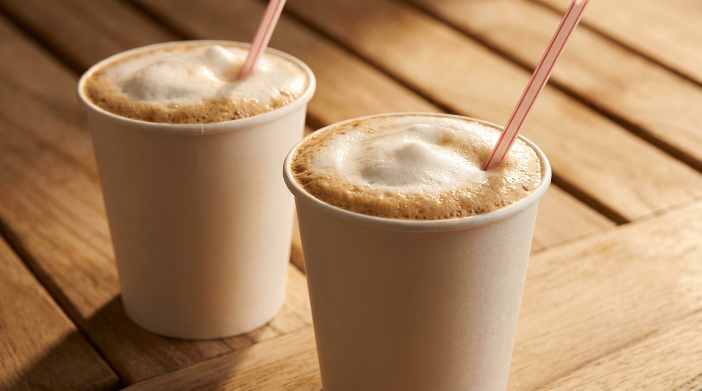 Two paper cups of frothy coffee with straws sit on a light wooden table.