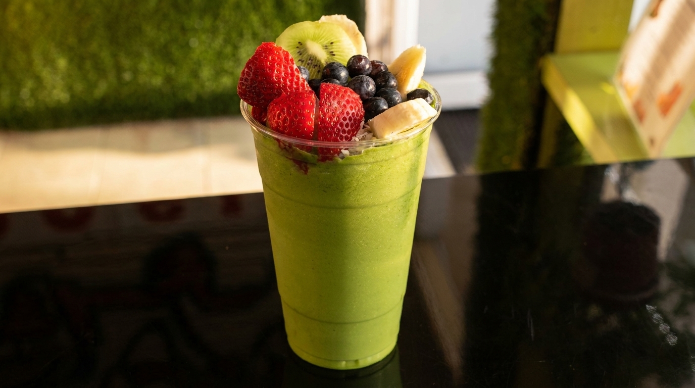 Green smoothie in a clear cup, topped with strawberries, blueberries, kiwi, and banana slices.