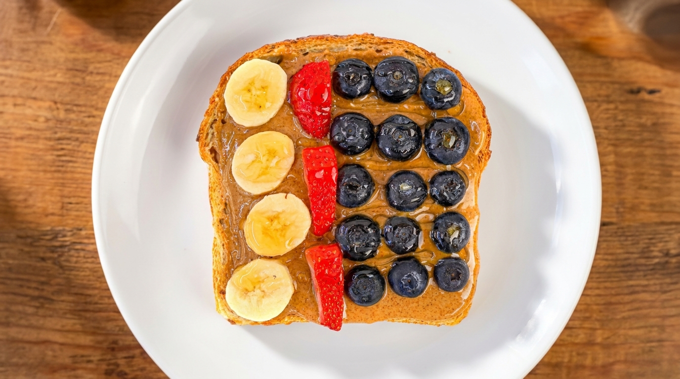 Peanut butter toast with rows of banana slices, strawberry pieces, and blueberries on a white plate.