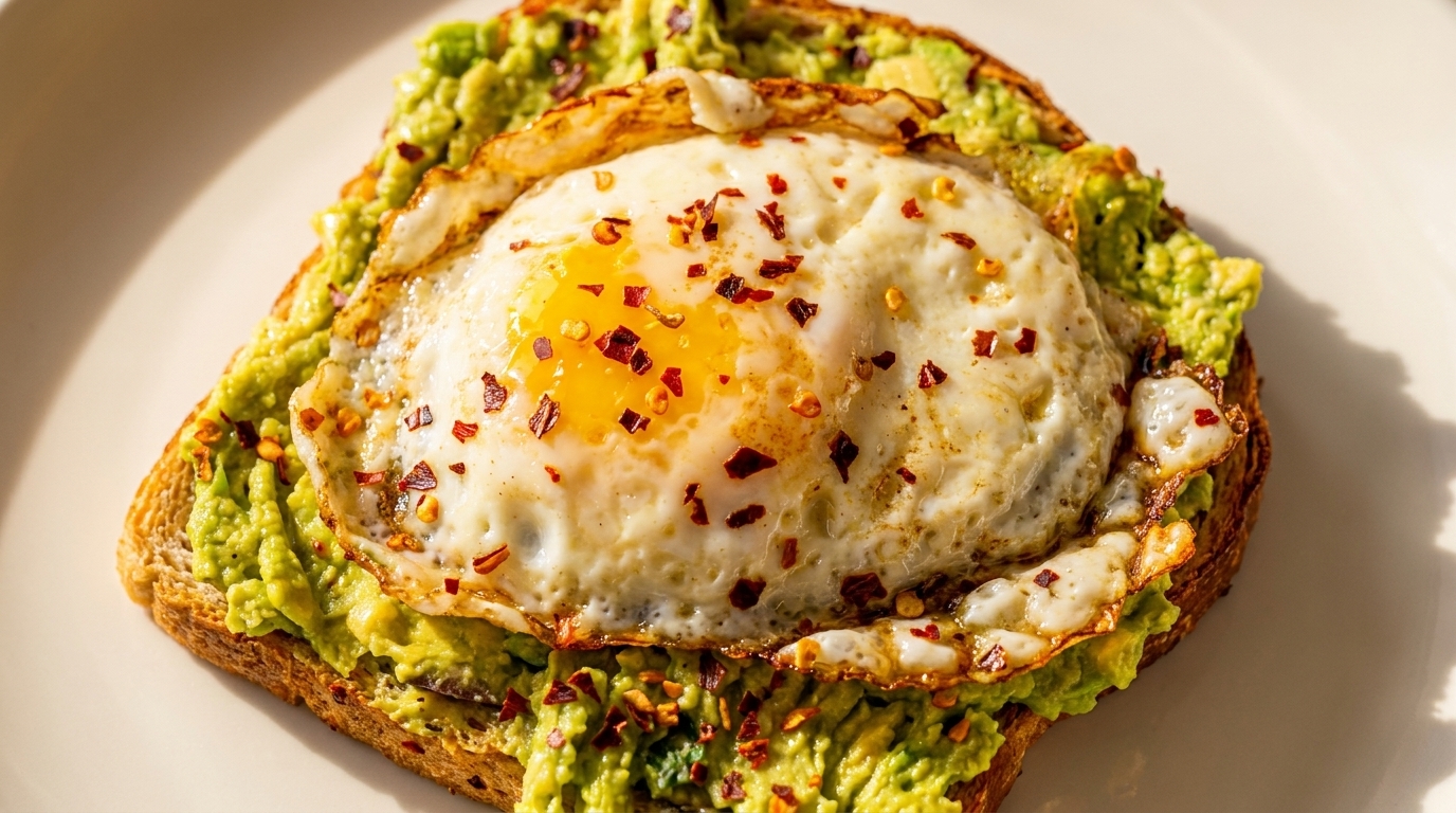 Avocado toast topped with a fried egg and red pepper flakes on a white plate.