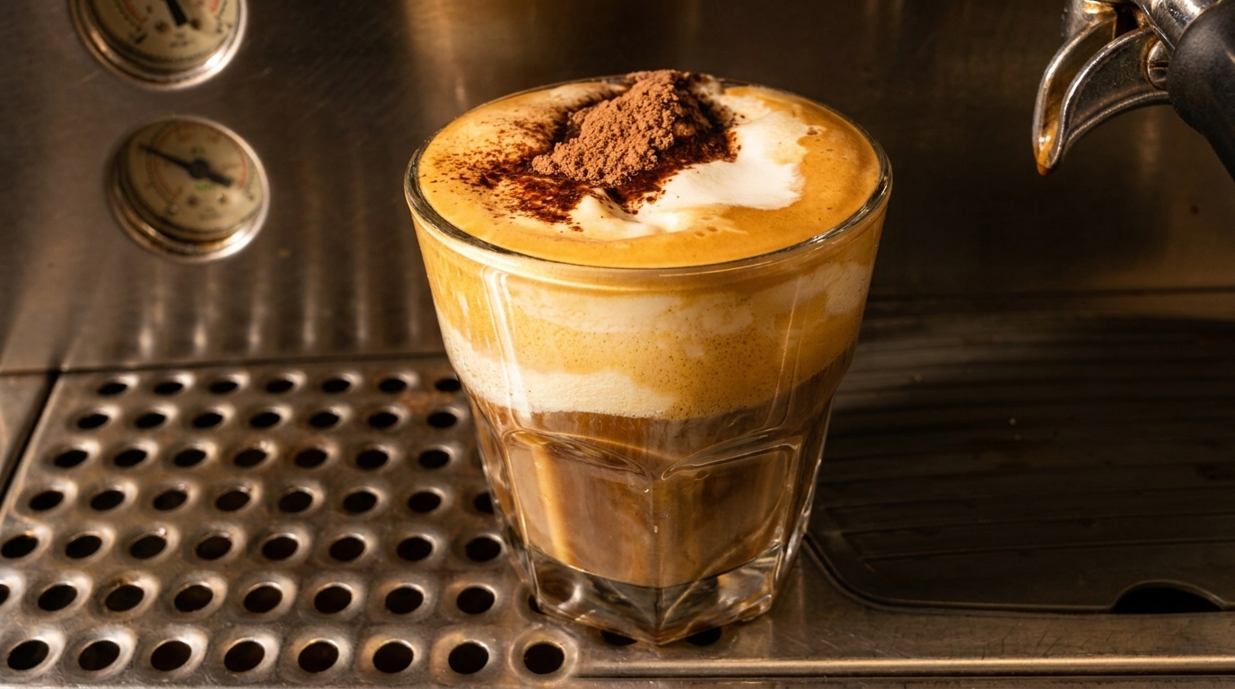 A layered coffee drink with foam and cocoa powder sits on an espresso machine's drip tray.