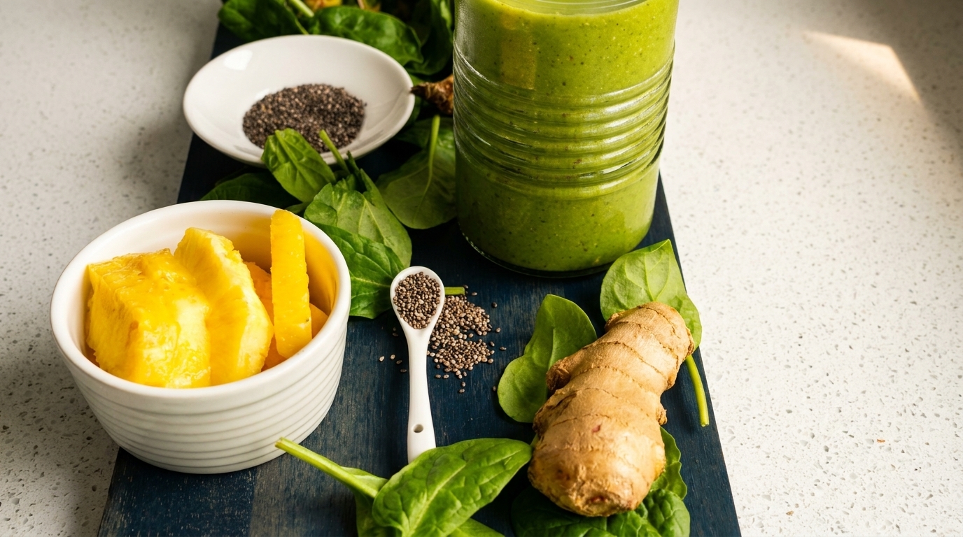 Green smoothie with spinach, pineapple, ginger, and chia seeds on a dark blue board.