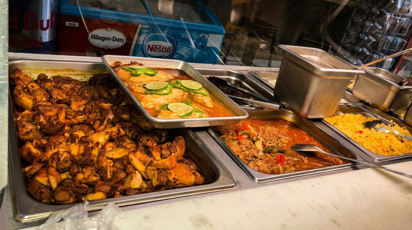 A buffet line with trays of chicken, fish with lime, shredded meat, and yellow rice.