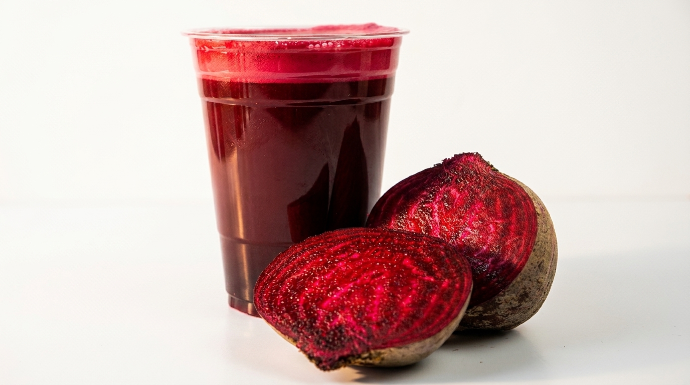 A vibrant red beet juice in a clear plastic cup next to two halved beets on a white surface.