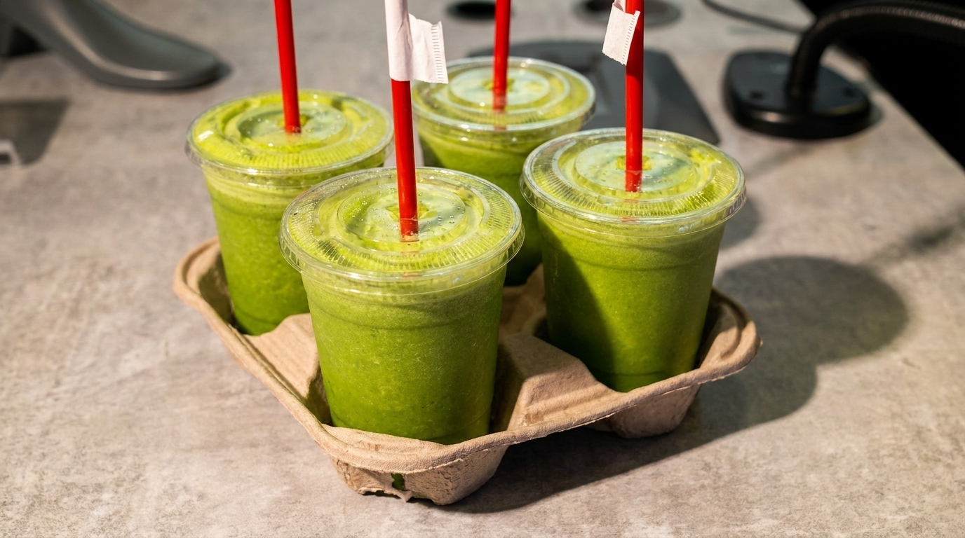 Four green smoothies with red straws in a cardboard carrier on a gray counter.