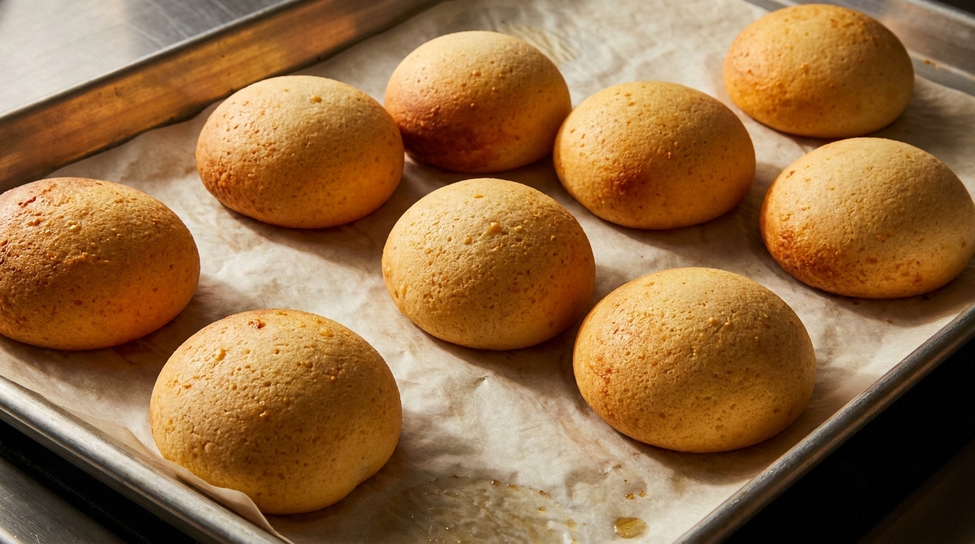 Nine golden-brown cheese breads, or pão de queijo, on parchment paper in a metal baking pan.