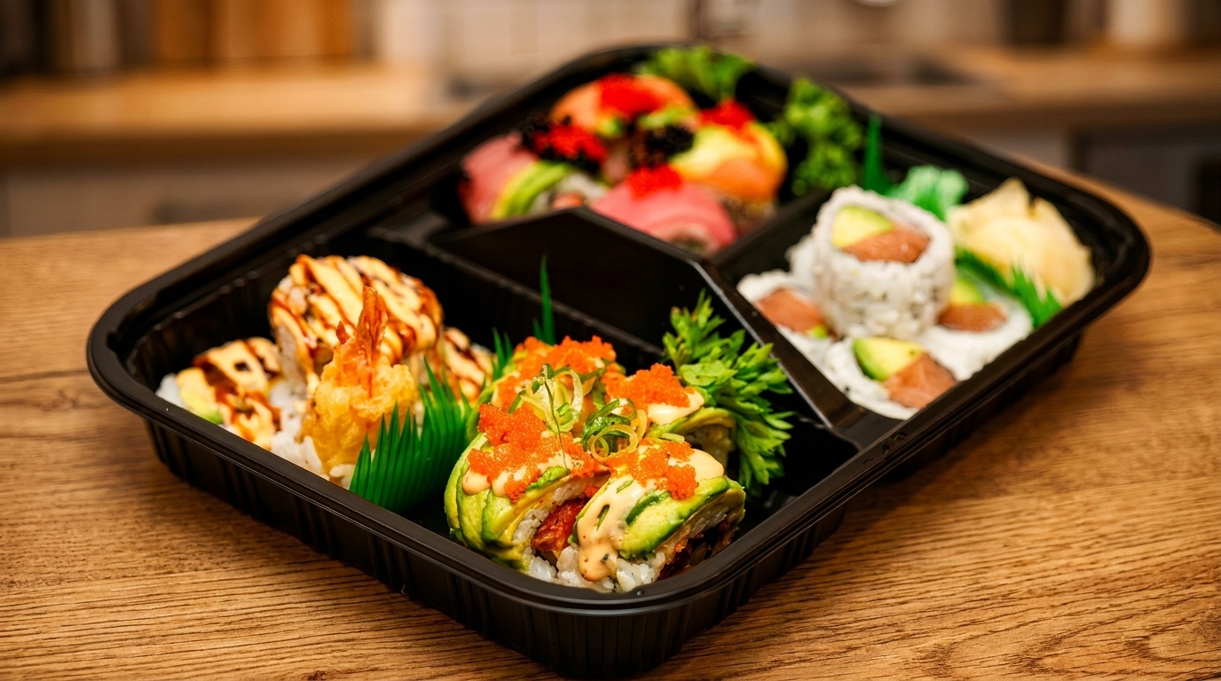 A black bento box filled with various colorful sushi rolls and tempura shrimp on a wooden table.