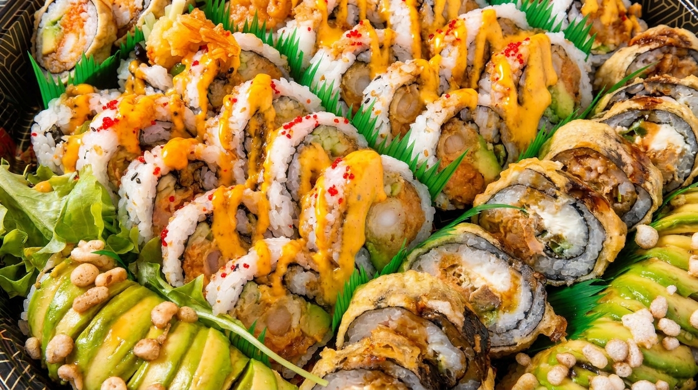 Assortment of sushi rolls, some drizzled with orange sauce and red roe, others deep-fried.