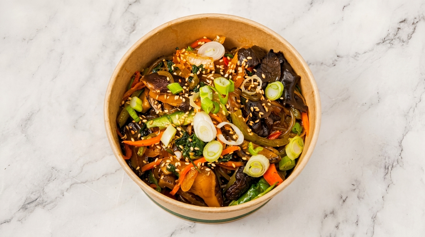 A bowl of Japchae noodles with mushrooms, carrots, peppers, and green onions on a marble surface.