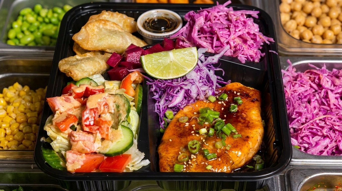 A takeout container filled with salmon, dumplings, salad, red cabbage, and a lime wedge.