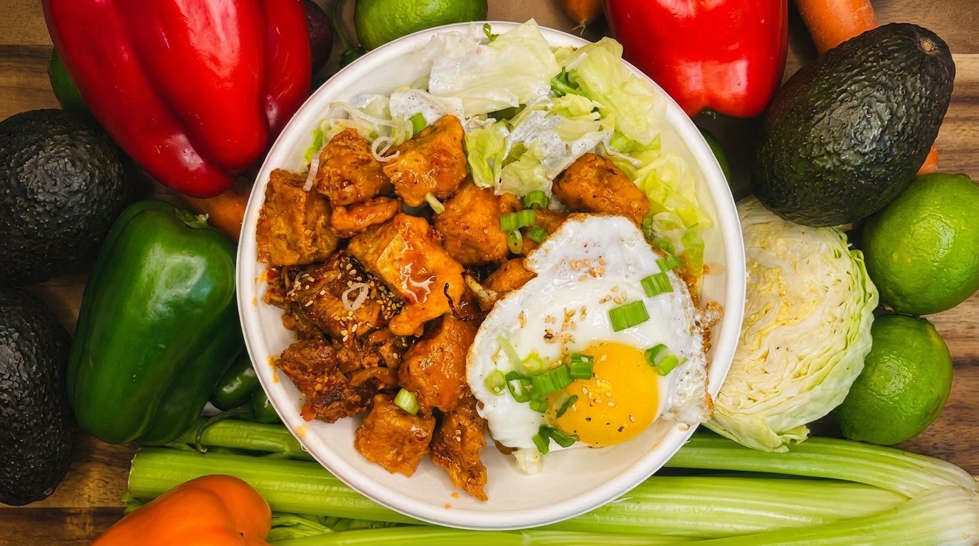 A colorful bowl of orange chicken, fried egg, and lettuce, surrounded by fresh vegetables.