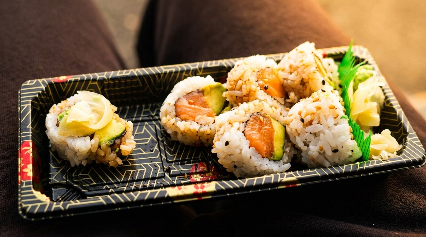 Sushi rolls with salmon, avocado, and pickled ginger in a black and gold takeout container.