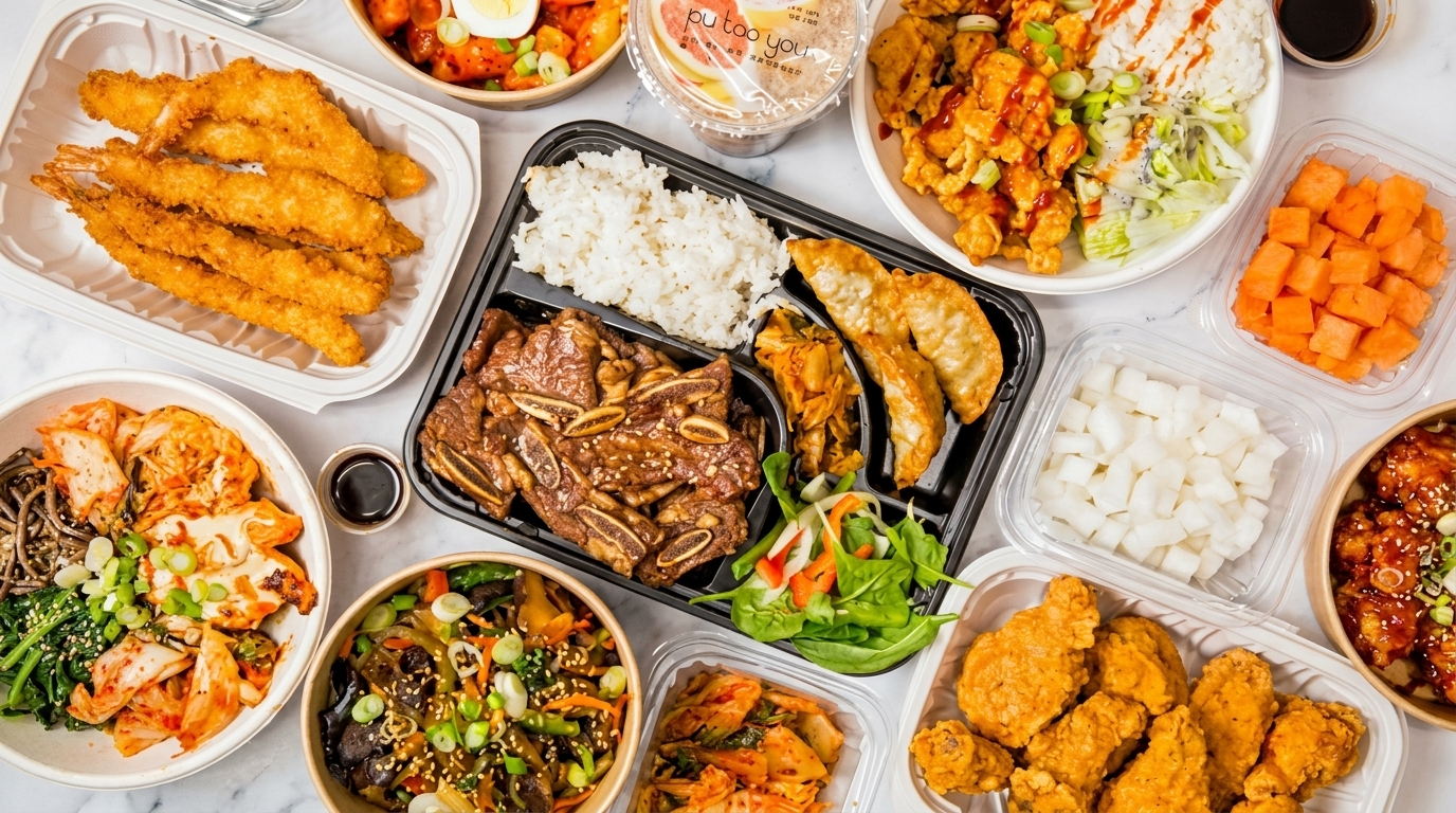 An overhead shot of a Korean feast with various dishes, including galbi, fried shrimp, and kimchi.