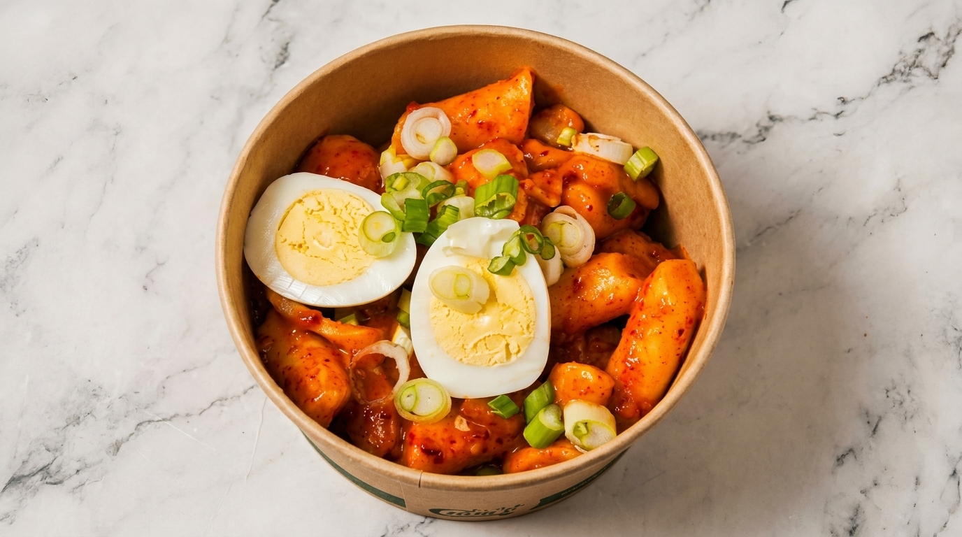 Spicy Korean tteokbokki with sliced hard-boiled eggs and green onions in a brown paper bowl.