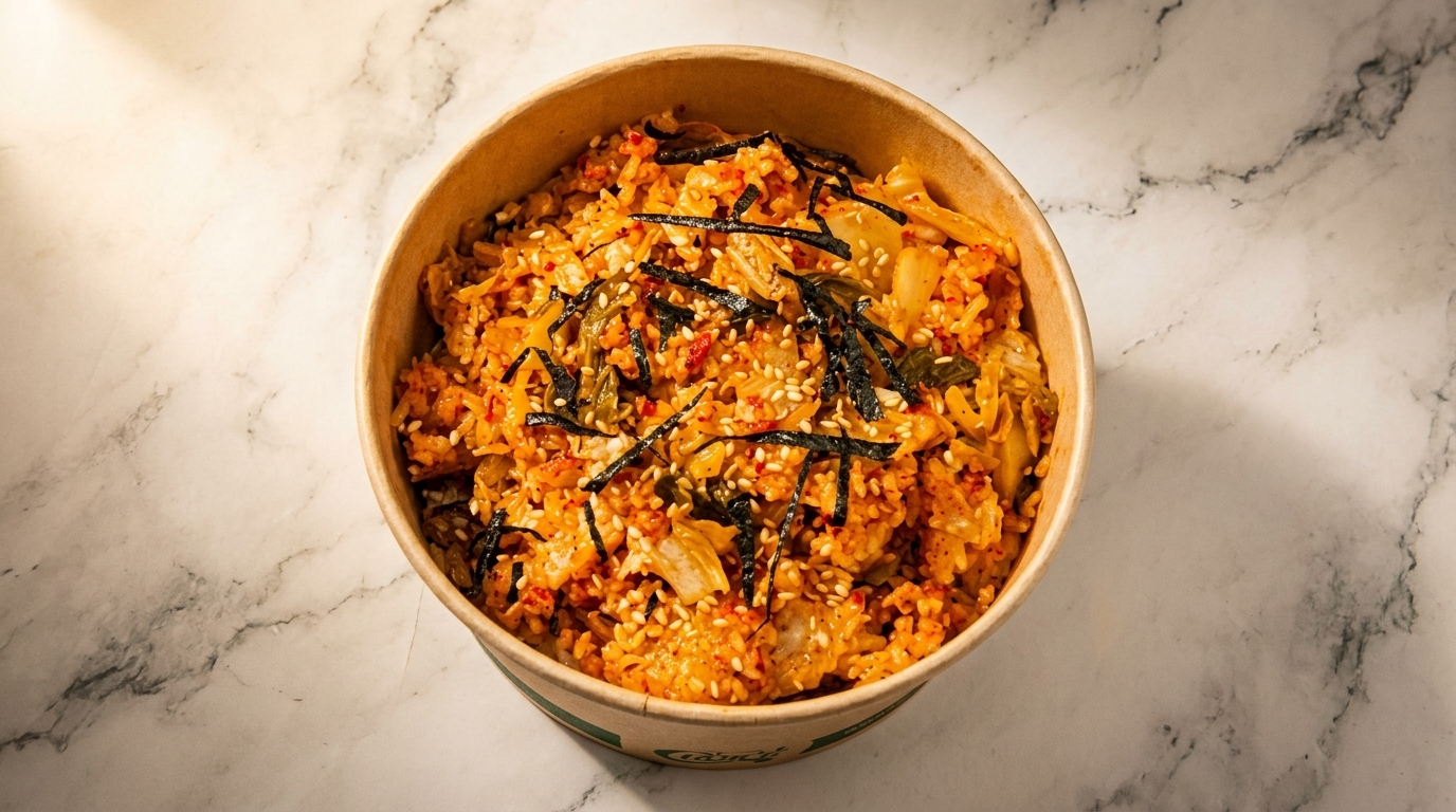 Kimchi fried rice with seaweed and sesame seeds in a paper bowl on a marble surface.