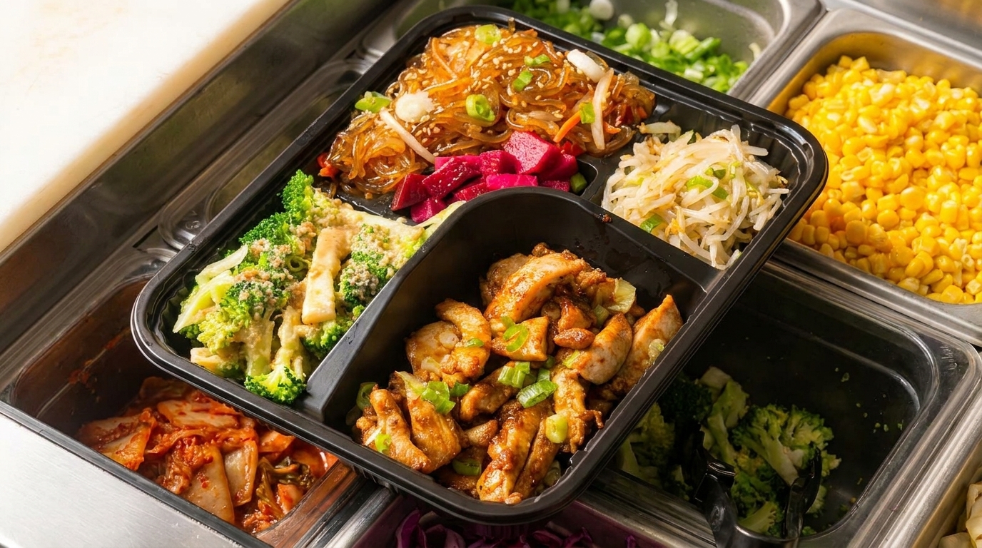 A black bento box filled with Korean dishes, including chicken, noodles, and broccoli, on a buffet line.
