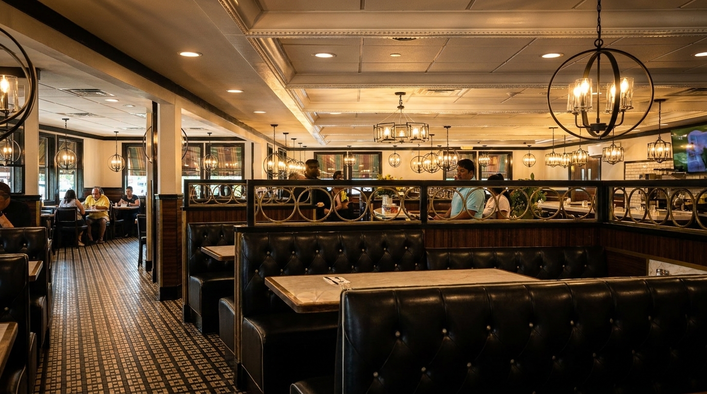 A restaurant interior with black leather booths, patterned floor, and hanging globe chandeliers, with patrons dining.