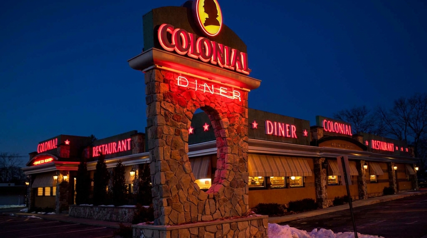 Colonial Diner exterior at dusk, with glowing red neon signs and a stone archway entrance.