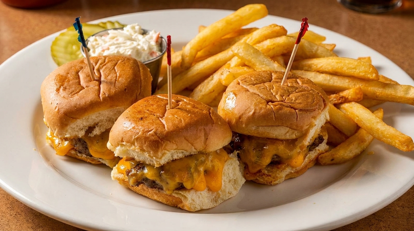 Three cheeseburger sliders with fries, coleslaw, and pickles on a white plate.