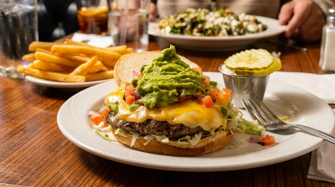 Cheeseburger with guacamole, pico de gallo, and shredded lettuce, served with fries and pickles.