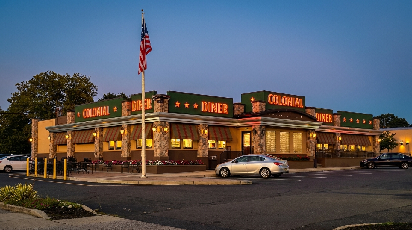 Colonial Diner exterior at dusk with neon signs, striped awnings, and an American flag.